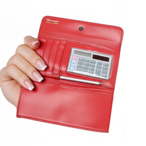 Vintage Merangue Red Genuine Leather Bifold Wallet with Calculator & Pen Retro - Picture 2 of 11